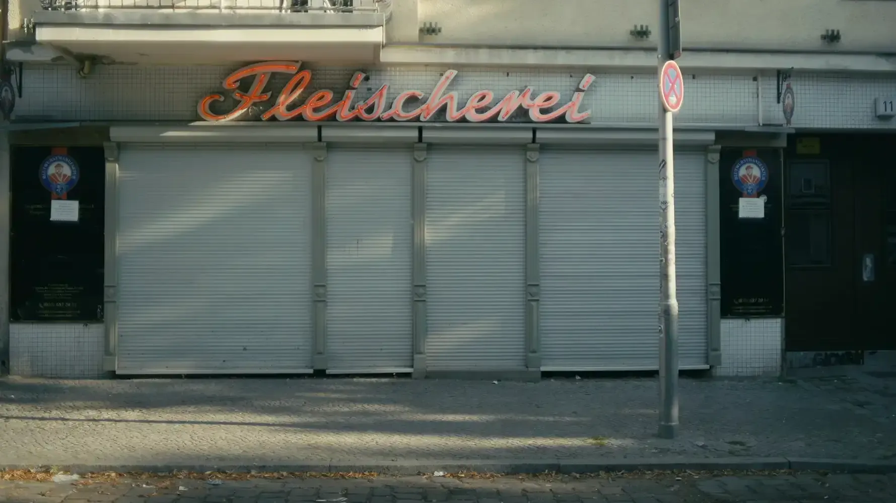 Frontal view of a traditional butcher shop